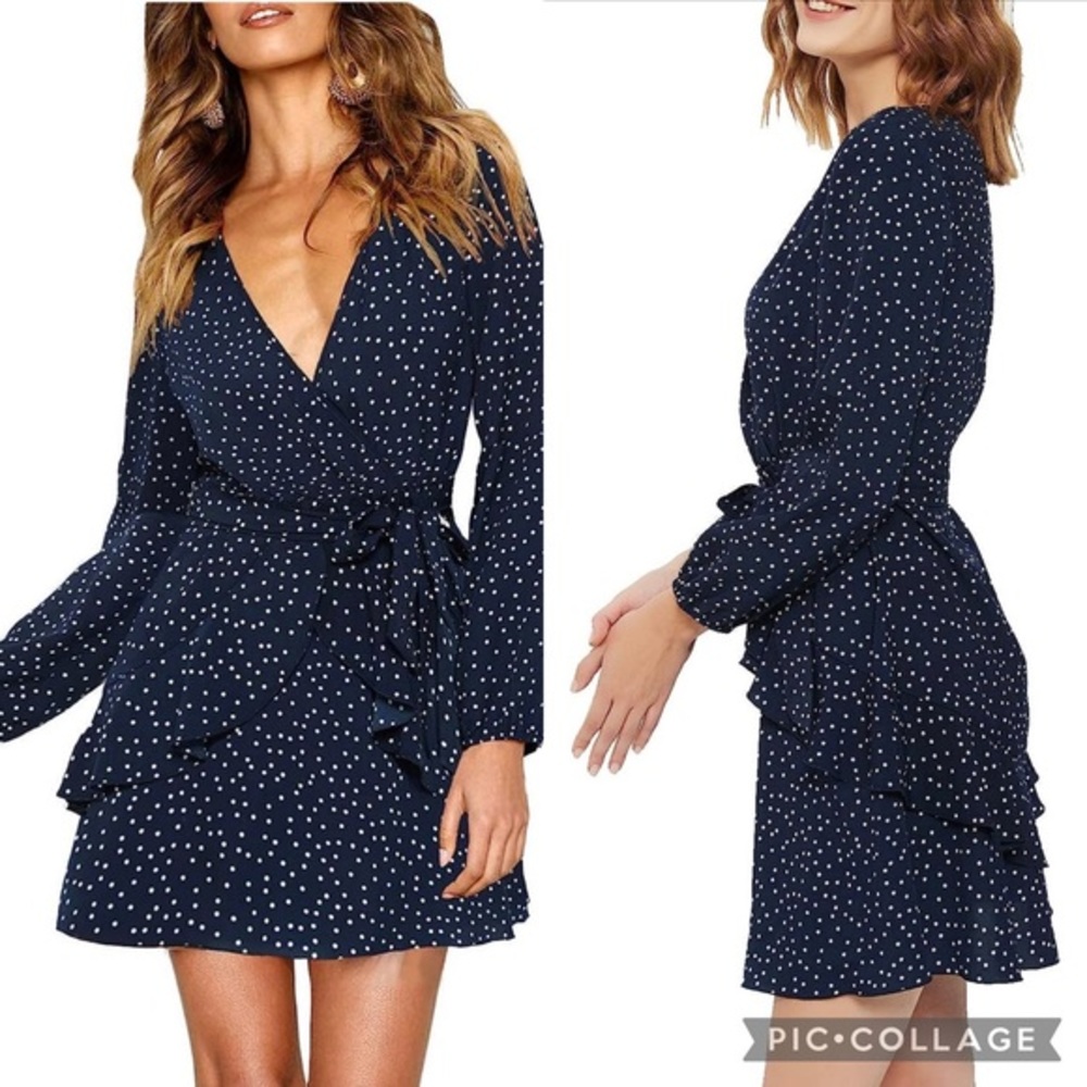 Women Long Sleeve V Neck Dress, Floral Mini Cocktail Party Dress with Belt XL